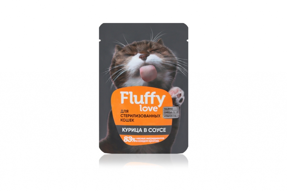 Fluffy Love влажный корм для стерилизованных кошек. Кусочки с курицей в соусе, 85 г